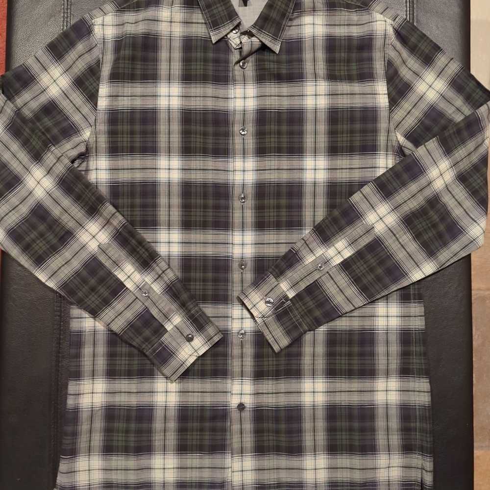 VINCE Men's Plaid Dark Green/Silver Button Down Sz M
